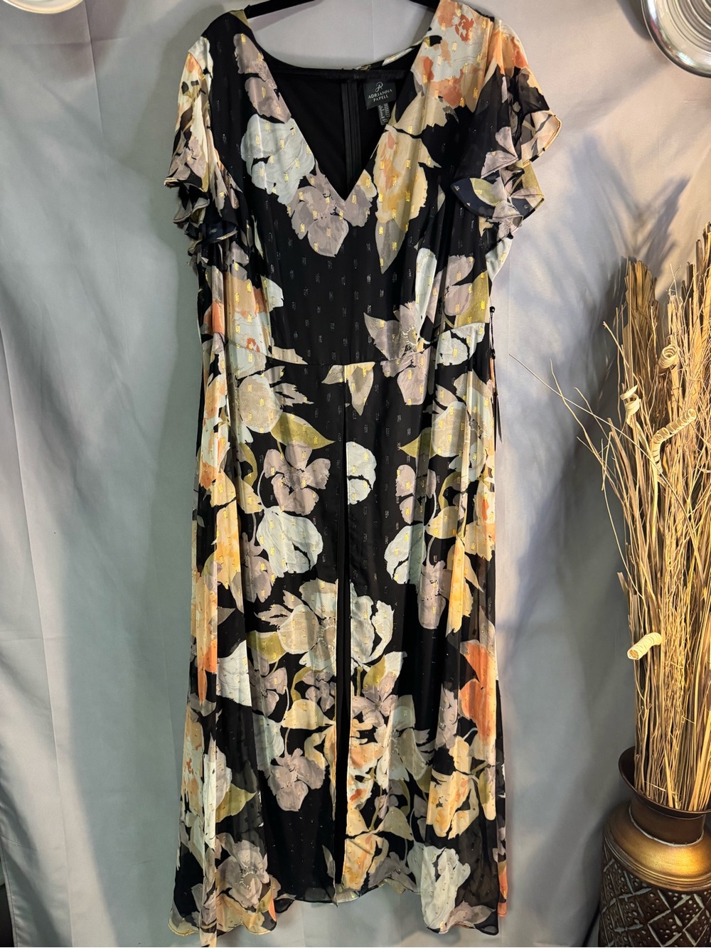 Adrianna Papell Black Floral V-Neck Jumpsuit with Cream, Yellow & Peach Blooms
